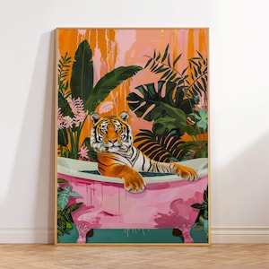 Tiger Poster, Bathroom Wall Art, Maximalist Decor, Tiger Print, Trendy Decor, Pink Tiger In a Bath Poster, Preppy Wall Art