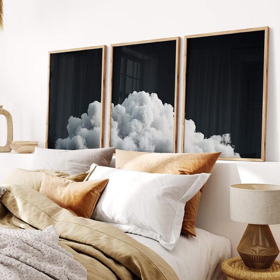 Dark Cloud Bedroom Wall Art Set of 3 Prints, White Cloud and Black