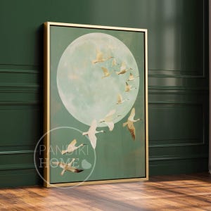 Stampa artistica giapponese di gru in volo, eleganti uccelli gru in volo, poster artistico su tela con cornice verde salvia per soggiorno, stile classico giapponese