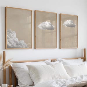 Soft Beige Clouds Bedroom Wall Art Set of 3 Prints, White Clouds Beige Sky Over The Bed Art, Vintage Home Decor, Set of 3 Large Framed Art