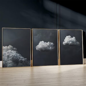 Grey Clouds Bedroom Wall Art Set of 3 Prints, White Clouds And Grey Sky Over The Bed Wall Art, Vintage Home Decor, Set of 3 Large Framed Art