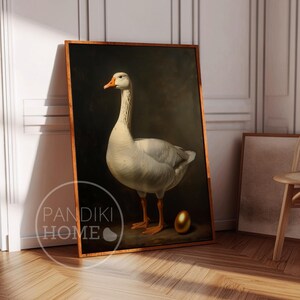 Stampa artistica "Oca e uovo d'oro", quadro vintage da parete, arredamento massimalista, grande arte vintage con cornice, arte da parete scura, arte da parete con animali