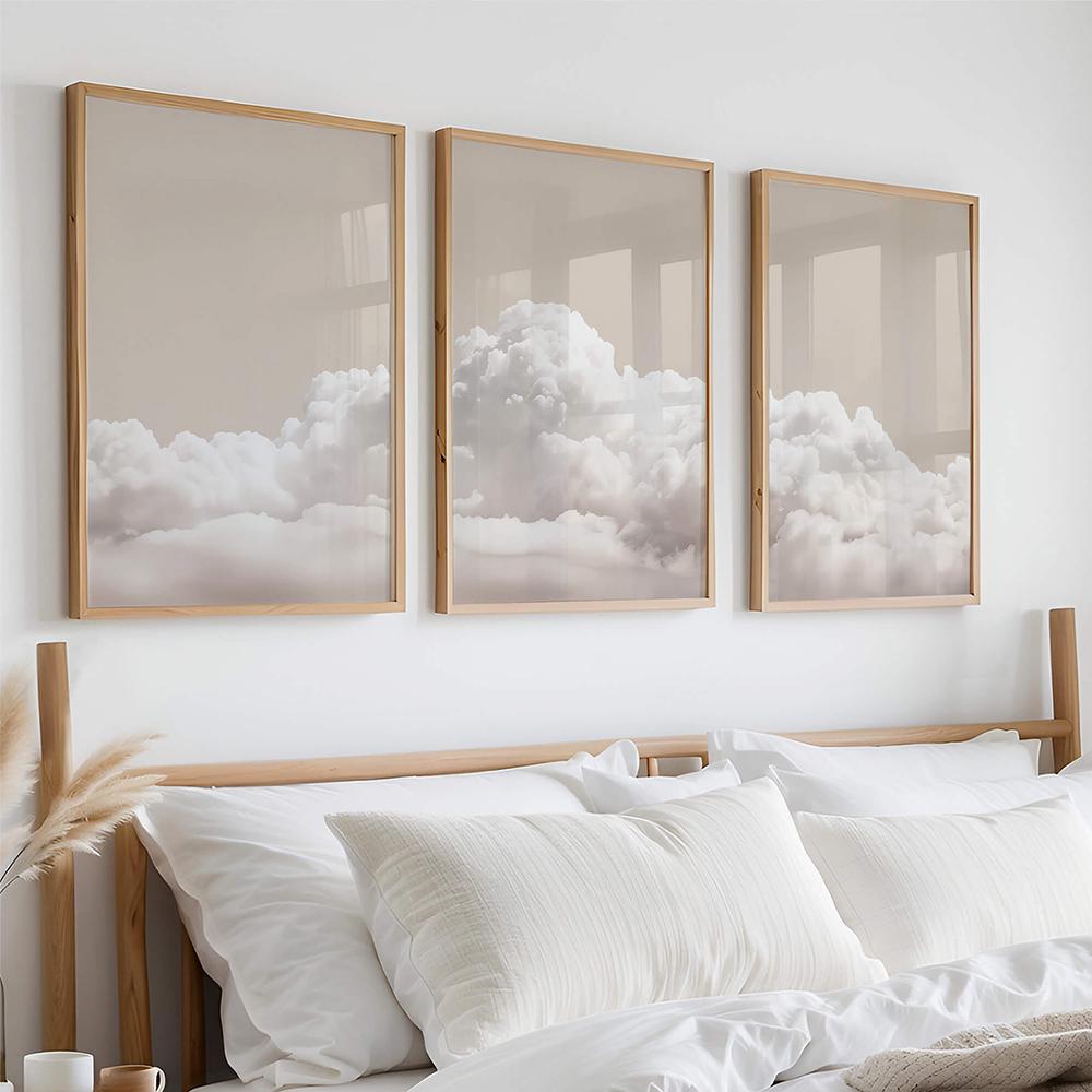 Beige Clouds Wall Art Set of 3: Minimalist Sky Prints, Modern Home Decor