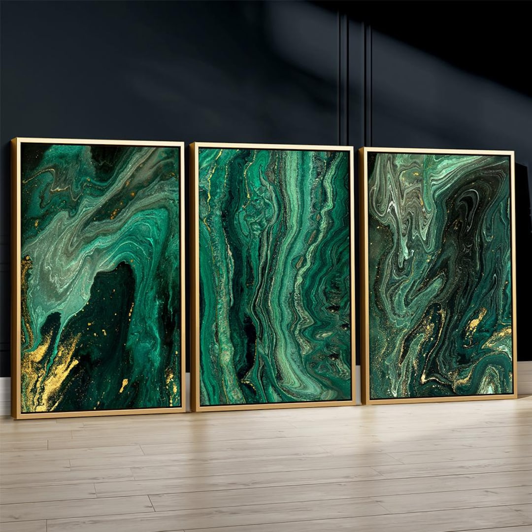 Abstract Green and Gold Wall Art Set of 3 Prints, Emerald Green Alcohol ...