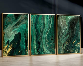 Abstract Green and Gold Wall Art Set of 3 Prints, Emerald Green Alcohol Ink Abstract Wall Art, Home Decor, Set of 3 Large Framed Art