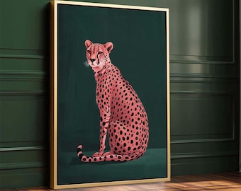 Impressão artística de chita rosa em verde, arte moderna verde esmeralda, impressão artística animal, arte contemporânea para casa em estilo maximalista, arte de parede verde escuro