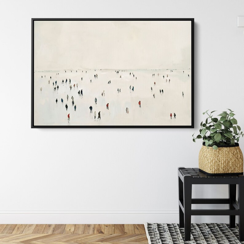 May include: A minimalist painting of a crowd of people in black and red clothing walking on a white surface. The painting is framed in black and hangs on a white wall.