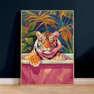 Tiger Print, Eclectic wall Art, Bathroom Wall Art, Maximalist Decor, Tiger Poster, Pink Tiger In Bath Poster, Colourful Wall Art