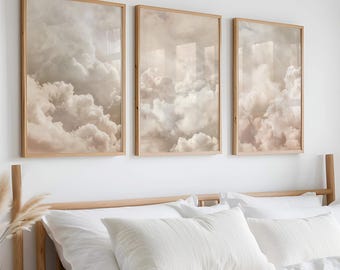Beige Clouds Bedroom Wall Art Set of 3 Prints, White Clouds Pastel Sky Over The Bed Wall Art, Vintage Home Decor, Set of 3 Large Framed Art