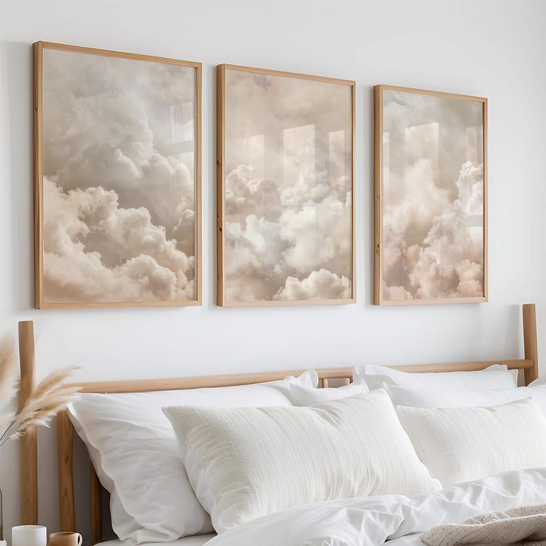 Beige Clouds Bedroom Wall Art Set of 3 Prints, White Clouds Pastel Sky ...