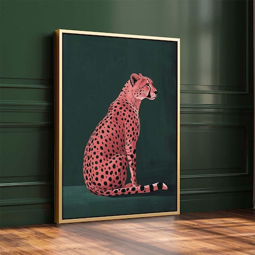 アート　PRETTY GREEN Prints 「Pocket Full」 Pink Cheetah on Green Art Print, Emerald Green Modern Art, Animal