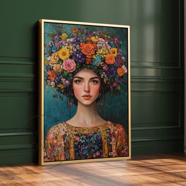 Portret kobiety w kwiaty, kwiatowy nadruk, kolorowa europejska, turecka sztuka kobieca, wydruk portretu w ramie kobiecej, duże płótno w ramie arabskiej kobiety