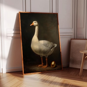 Gans und goldenes Ei Kunstdruck, Vintage Malerei Wandkunst, maximales Wohndekor, großes gerahmtes Vintage Kunst, dunkle Wandkunst, Tier Wandkunst
