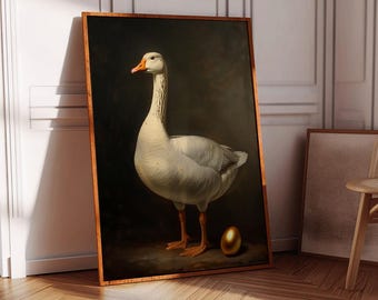 Impressão artística de ganso e ovo de ouro, pintura vintage, decoração de parede, decoração maximalista para casa, arte vintage emoldurada grande, arte de parede escura, arte de parede com animais