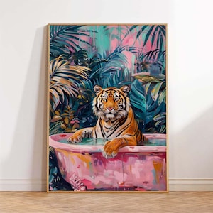 Impression tigre dans le bain : art mural animal botanique éclectique