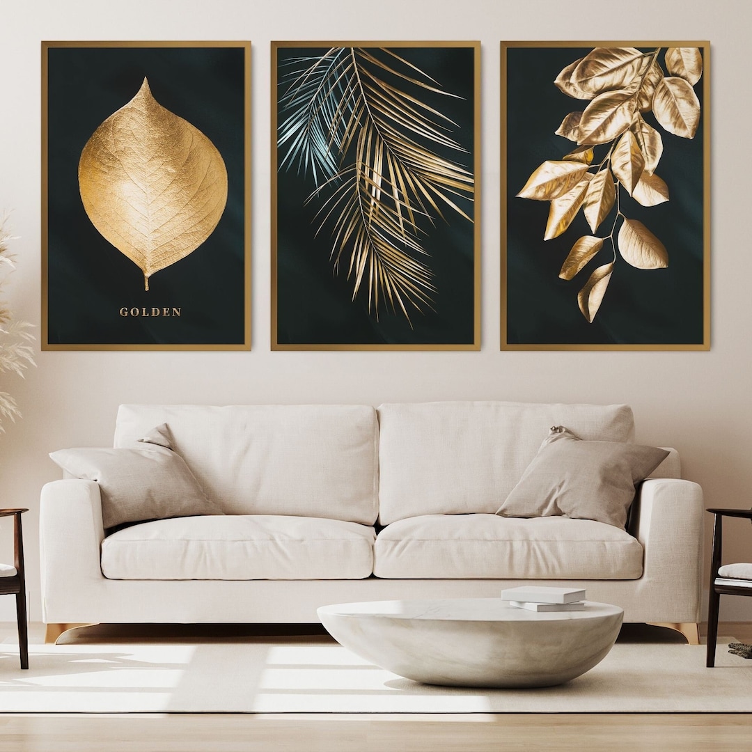 Palm Leaf Gold Leaves Wall Art, Set of 3, for Living Room Home Decor