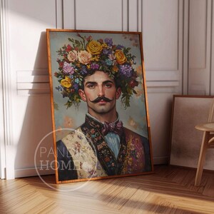 Impressão de retrato masculino com flores, eclético maximalista, pôster floral árabe otomano, impressão colorida de sultão, pintura grande tela de arte de parede