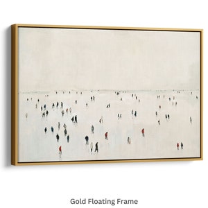 May include: A minimalist painting of a crowd of people walking on a white surface. The people are small and appear to be walking in different directions. The painting is done in a muted color palette, with shades of gray, blue, and red.