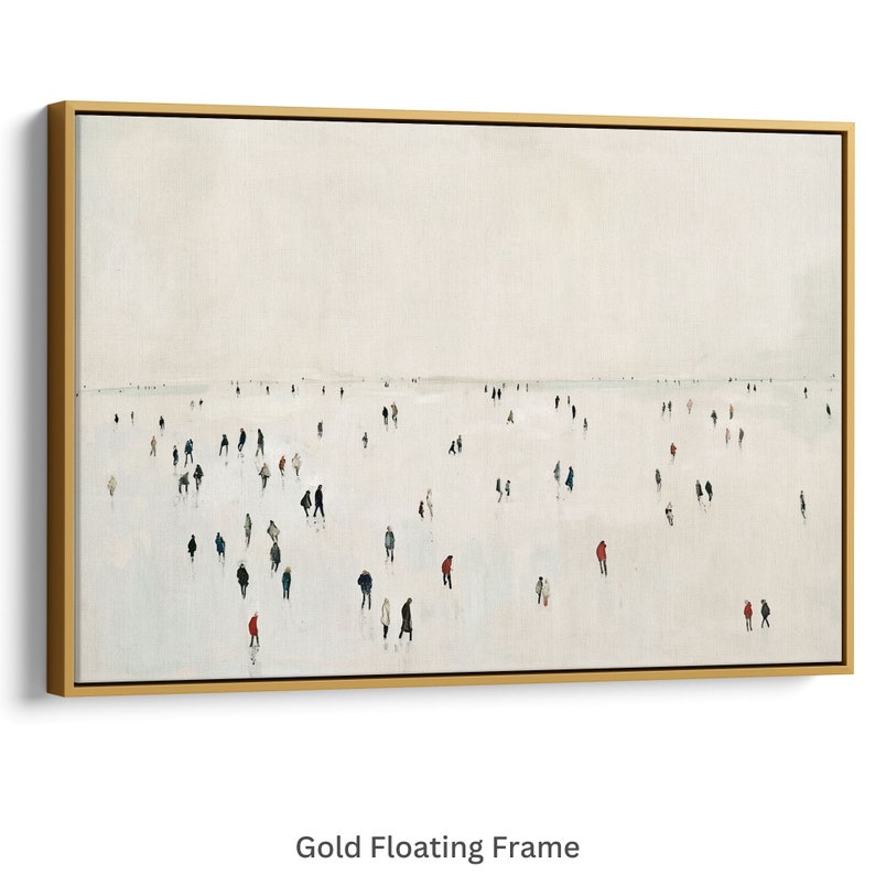 May include: A minimalist painting of a crowd of people walking on a white surface. The people are small and appear to be walking in different directions. The painting is done in a muted color palette, with shades of gray, blue, and red.