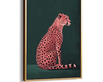Pink Cheetah on Green Art Print, Emerald Green Modern Art