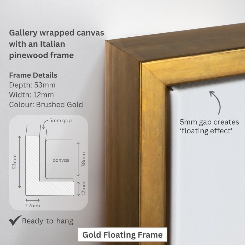 May include: A gold floating frame with a 53mm depth and 12mm width. The frame is made of Italian pinewood and has a brushed gold finish. The frame creates a 5mm gap between the canvas and the frame, which gives the artwork a floating effect. The frame is ready to hang.