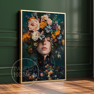 Art de portrait féminin, peinture de femme florale, art de femme fleurs, peinture de femme, impression de portrait de femme, grandes toiles encadrées de roses et de fleurs