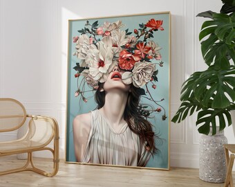 Elegant Vines Flower Girl Print, Teal Blue Floral Woman Abstract