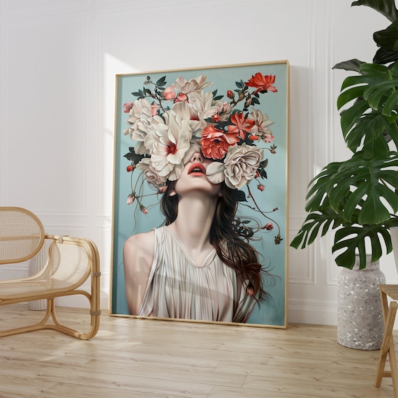 ヒルマ・アフ・クリント アートポスター A2版　flower girl Elegant Vines Flower Girl Print, Teal Blue Floral Woman Abstract