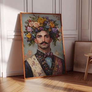 Male Portrait Print with Flowers, Maximalist Eclectic, Floral Ottoman Arab Poster, Colourful Sultan Print, Painting Large Wall Art Canvas