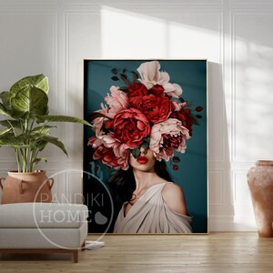 Elegante rosa Blumen Frau Druck, rote Blume abstrakte Kunst, weibliche Schönheit blau Kunstdruck, Blumen Haar Frau Porträt Poster für Zuhause