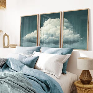 Dreamy Blue Cloud Bedroom Wall Art Set of 3 Prints, White Clouds Blue Sky Over The Bed Art, Vintage Home Decor, Set of 3 Large Framed Art