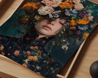 女性の肖像画アート、花の女性の絵画、花の女性のアート、女性の絵画
