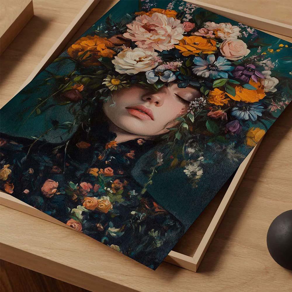女性の肖像画アート、花の女性の絵画、花の女性のアート、女性の絵画