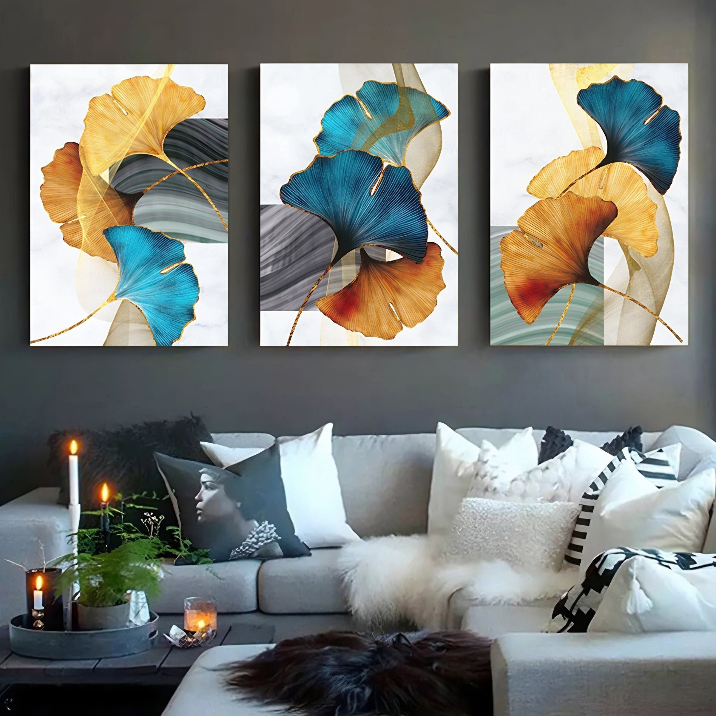 Blue and Gold Wall Art Piece Etsy