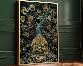 Vintage Peacock Print Large Framed Wall Art Farmhouse Wall Art Decor Bird Maximalist Decor Animal Canvas Print