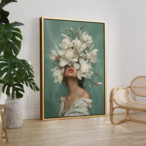 White Flowers Woman Poster, Floral Bouquet Girl Art, Teal Green Art, Teal Flowers, Elegant Feminine Beauty Artwork, Vintage Art
