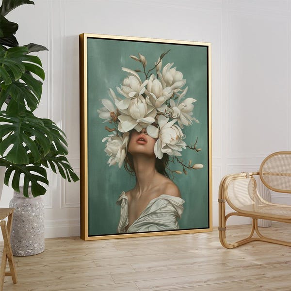 Plakat z białą kobietą, bukiet kwiatów, sztuka z dziewczyną, turkusowo-zielona sztuka, turkusowe kwiaty, eleganckie dzieło sztuki o kobiecym pięknie, sztuka vintage