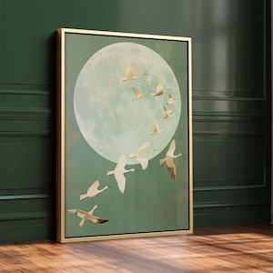Flying Cranes Japanese Art Print, Elegant Crane Birds Flying, Sage Green Framed Canvas Art Poster For Living Room, Classic Japanese Style