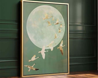 Impressão artística japonesa de guindastes voadores, elegantes pássaros guindastes voando, pôster de arte em tela emoldurada em verde sálvia para sala de estar, estilo japonês clássico