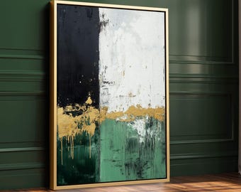 May include: Abstract painting with black, white, gold, and green colors. The painting is framed in a gold frame.