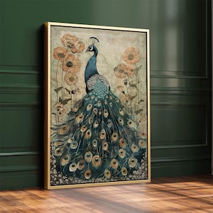 Enchanted Peacock Wall Art Print Large Framed Wall Art Gold Floating Frame Wall Art Decor Bird Maximalist Canvas Print Muted Colours
