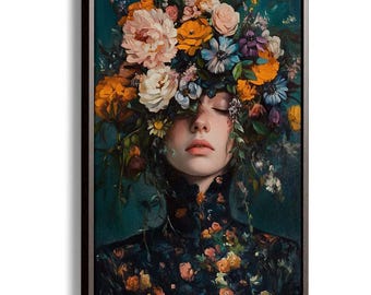 女性の肖像画アート、花の女性の絵画、花の女性のアート、女性の絵画