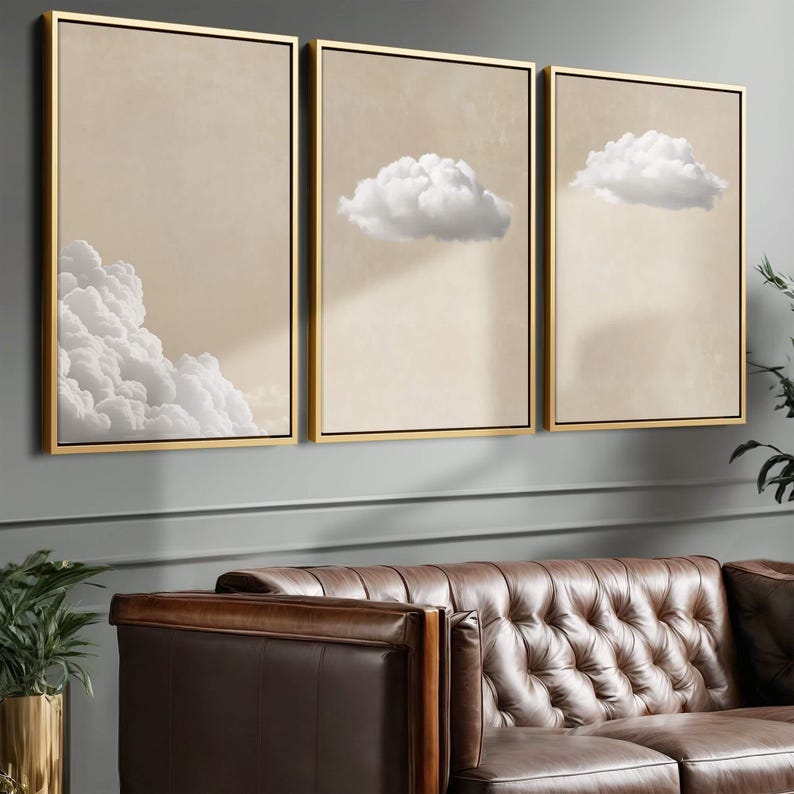 Soft Beige Clouds Bedroom Wall Art Set of 3 Prints, White Clouds Beige
