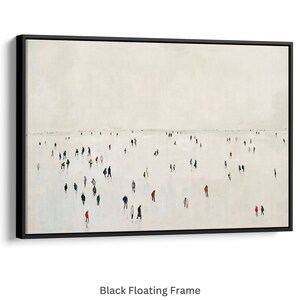 May include: A minimalist painting of a group of people walking on a white, snowy landscape. The painting is done in muted tones of gray, black, and white, with a few pops of red and blue.