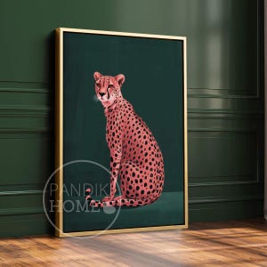 Rosa Gepard auf Grün Kunstdruck, Smaragdgrüne Moderne Kunst, Tier Kunstdruck, Zeitgenössische Kunst für Maximalist Style Home, Dunkelgrüne Wandkunst