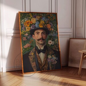 Impresión de retrato de hombre victoriano con flores, maximalista ecléctico, póster floral vintage de caballero, impresión colorida, pintura de arte en lienzo grande