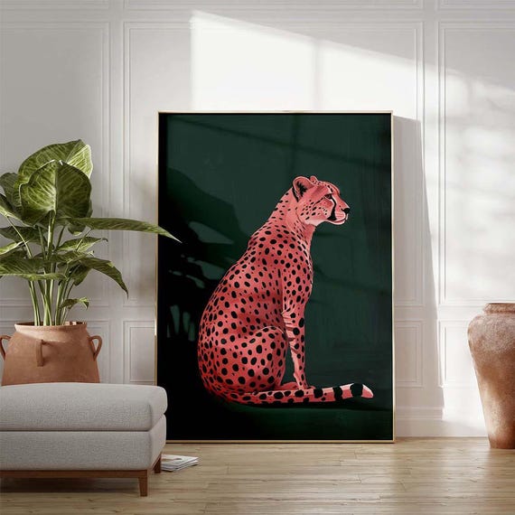 アート　PRETTY GREEN Prints 「Pocket Full」 Pink Cheetah on Green Art Print, Emerald Green Modern Art