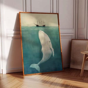 Whale and Ship, Ship in Ocean, Vintage Ship Canvas Poster, Giant Whale Art Canvas, Ocean Wall Art, Vintage Poster, Majestic Whale Framed