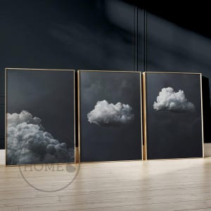 Set di 3 stampe da parete per camera da letto con nuvole grigie, nuvole bianche e cielo grigio sopra il letto, decorazione da parete vintage per la casa, set di 3 grandi stampe con cornice