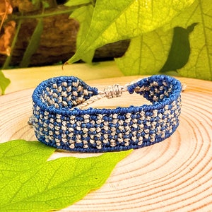 Blue and silver macramé bracelet, brightly colored thread bracelet, wide adjustable woven band, surfer/bohemian style, unisex macramé gift